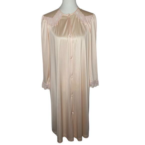 Vtg Vanity Fair Robe Pink Peach Button Up Lace Trim House Coat Small Fairycore - Picture 1 of 15